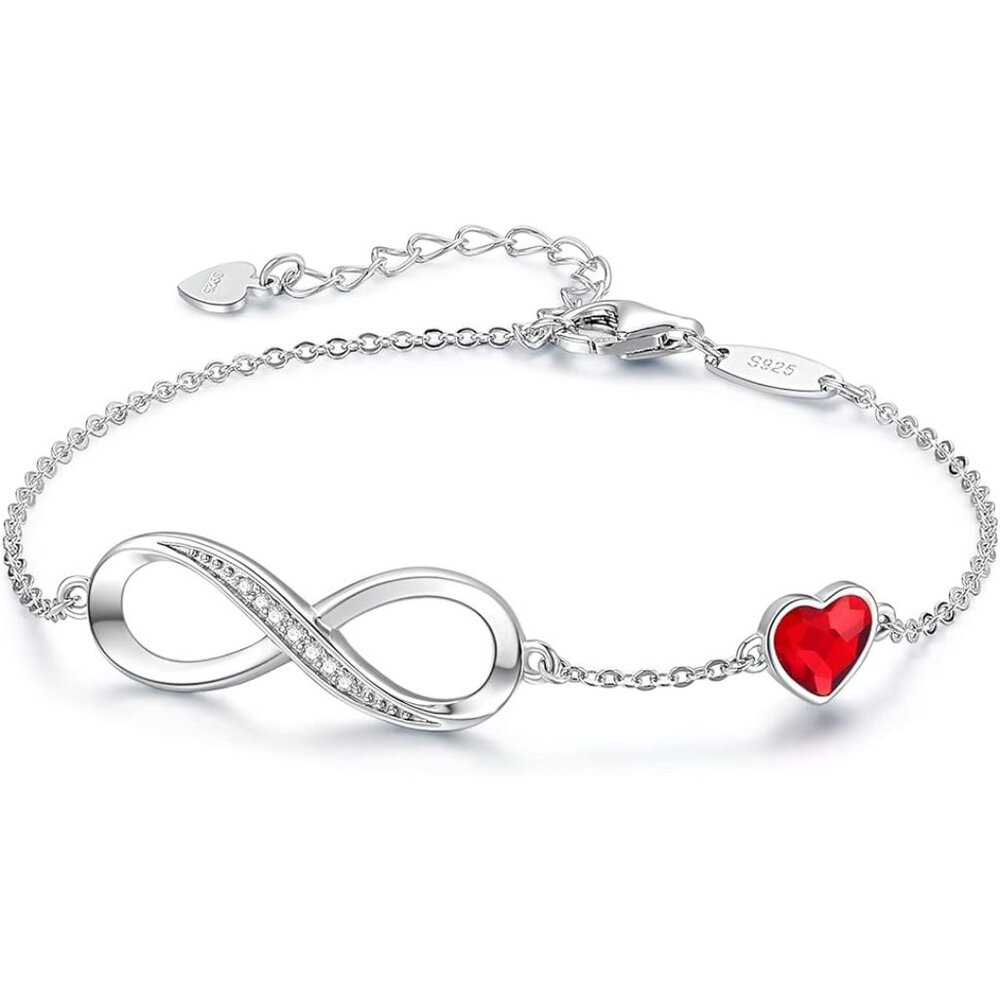 Infinity Heart Birthstone Link Bracelet - Silver Red